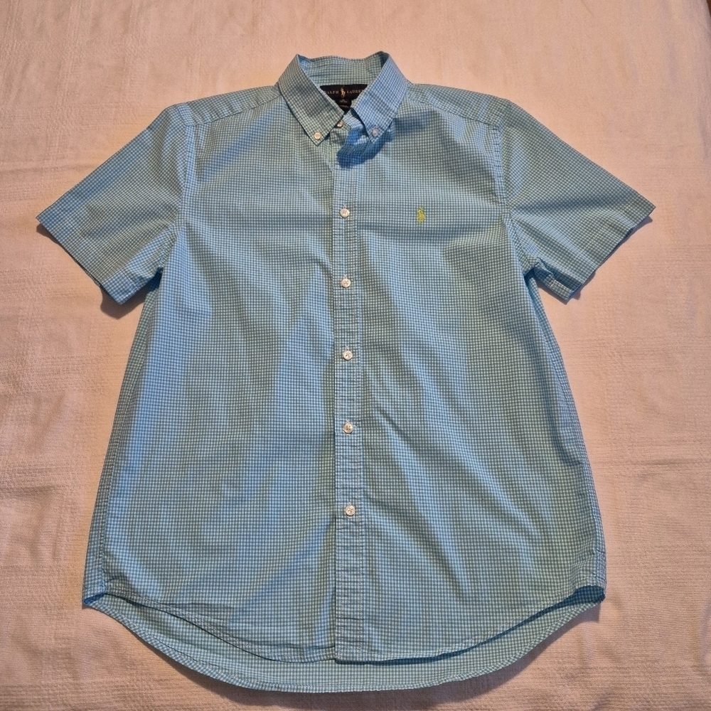Ralph Lauren boys size XL or 18-20 short sleeve button down shirt, teal & white